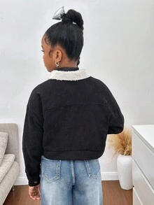 SHEIN Tween Girls' Black & White Contrast Fuzzy Jacket, Comfortable Casual Fashion Versatile Outerwear,In Fall/Winter