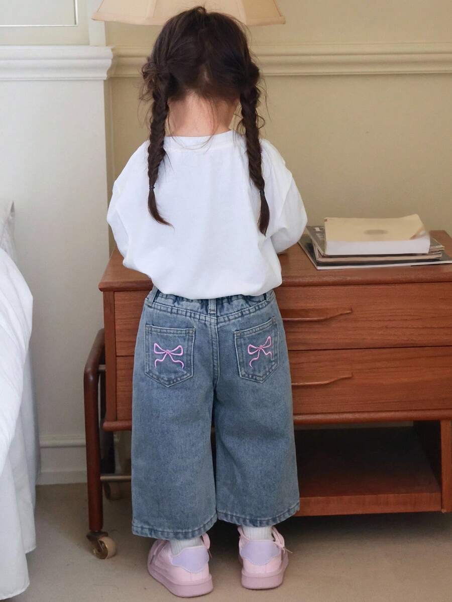 Dazy Kids Baby Girls' Casual Bow Embroidery Korean Style Long Denim Jeans,Toddler Fall Clothes