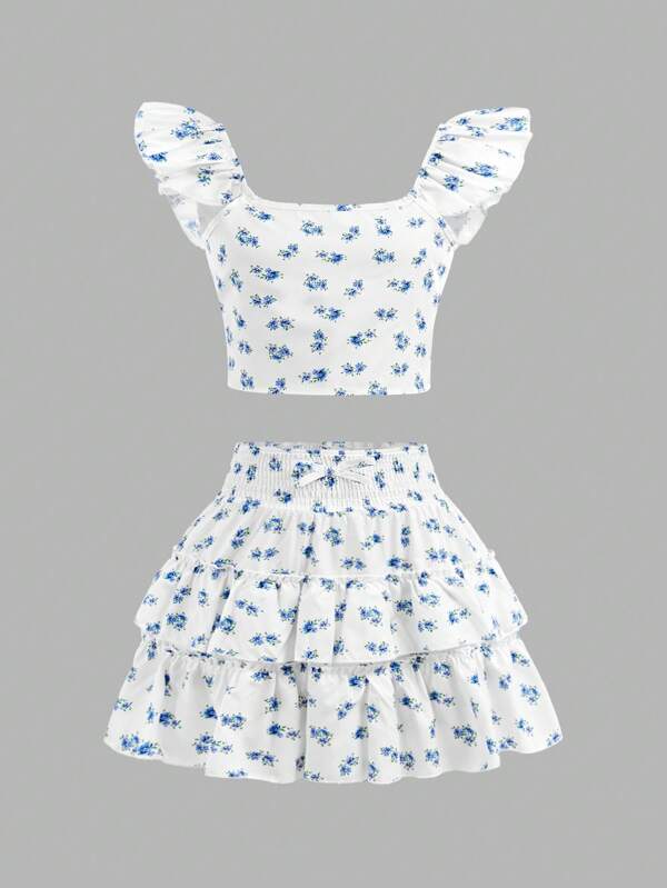 SHEIN Girlism Tween Girl's Vintage Ditsy Floral Flare Sleeve Bow Tie Blouse & Layered Ruffle Hem A-Line Skirt 2-Piece Set