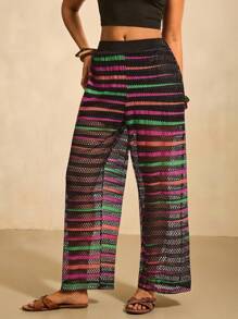 SHEIN VCAY Pantalon ample et ample à jambes larges, rayé et ajouré, pour femmes grandes tailles - Multicolore - Voir 5
