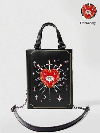 Gothic Book-Shaped Embroidered Bag With Crying Eye, Heart & Sword Graphic, Y2K Punk Black Crossbody/Handbag For Streetwear