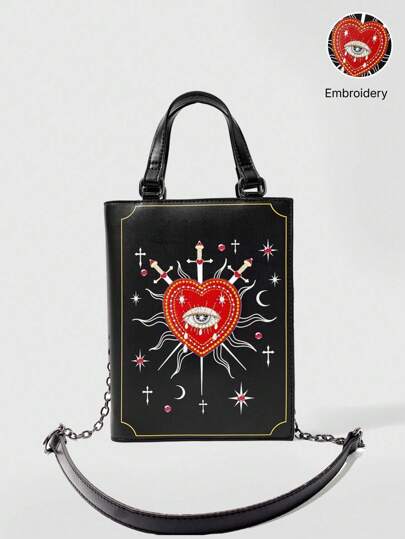 Goth Gothic Book-Shaped Embroidered Bag With Crying Eye, Heart & Sword Graphic, Y2K Punk Black Crossbody/Handbag For Streetwear