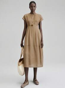 Ontre 2025 Autumn/Winter Seasonal Women's Dress, Suitable For Fall, Winter, Back To School, Halloween, Christmas, Teacher Outfit, Night Out, Business Casual Mid-Length Dress With Flutter Sleeves And Flared Hem - Khaki - View 5