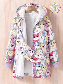 Tween Girl Casual Cartoon Print Thermal Lined Hooded Coat, Autumn/Winter Fall