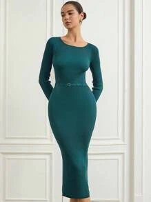 EMERY ROSE European & American Style Belted Long Sleeve Sweater Dress Fall Winter Cloth For Women - Dark Green - View 1