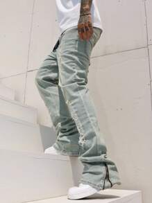 Manfinity EMRG 男士口袋做旧褶皱休闲百搭牛仔裤 - 淺色水洗藍 - 查看 7