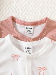 SHEIN 2pcs Newborn Baby Girl Autumn Outfit, Comfortable & Cute Bow Pattern Long Sleeve Jumpsuit Set, Suitable For Any Occasion Fall Winter