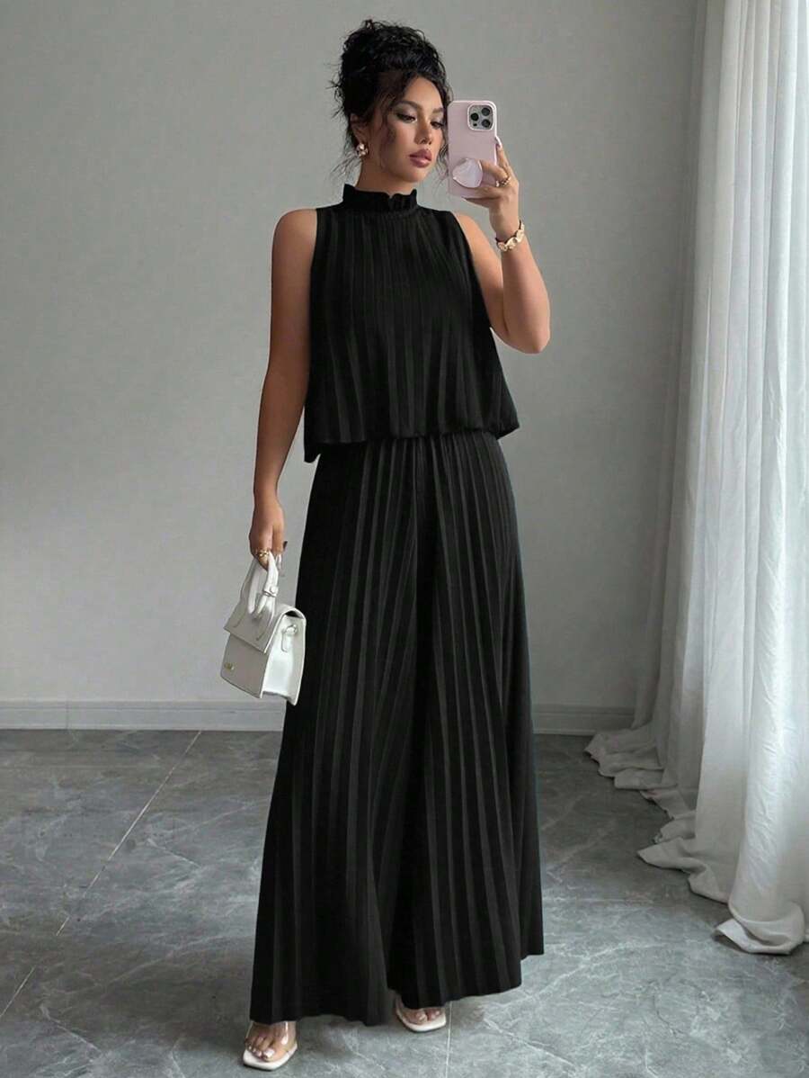 Elenzga Sleeveless Round Neck Pleated Elegant Romantic Women's Jumpsuit - Black - View 1