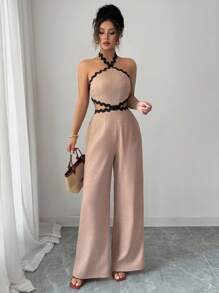 Rafferiza Women's Elegant Wave Strap Halter Hollow Out Waist Wide Leg Sleeveless Jumpsuit