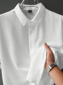 Manfinity Homme White Linen-Look Vacation Collared Short Sleeve Shirt Men White Linen Shirt Men S Textured Shirt - White - View 6