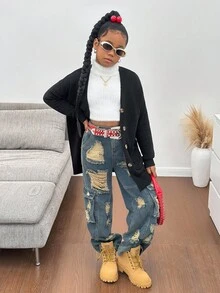 SHEIN 青少年女孩黑色针织开衫夹克，舒适、时尚、百搭，适合日常休闲穿着青少年开衫毛衣女孩黑色开衫青少年开衫秋冬青少年女孩开衫