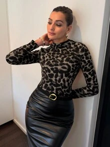 Lavishia Camiseta de manga larga ajustada de punto con estampado de leopardo de moda