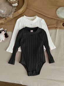 SHEIN LMoss Kids LMoss 2件套新生女宝宝可爱针织镂空爱心图案长袖连体衣套装，适合秋冬季节穿着。长袖连体衣，女宝宝连体衣，女宝宝服装，长袖罗纹连体衣，秋季款。 - 彩色 - 查看 7