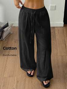 Coolane 女式夏季乡村音乐会外出海滩波西米亚风基本款简约水洗 100% 纯棉裤子 - 黑色 - 查看 4