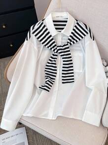 SHEIN Camisa suelta de manga larga de moda casual diaria con estampado de rayas y chal de 2 en 1 para adolescentes, adecuada para primavera, otoño e invierno, versión coreana, con cuello marinero, lazo y rayas en blanco y negro