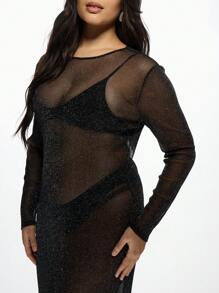 MISSGUIDED PLUS Sheer Mesh Glitter Maxi Cover Up Long Sleeve Plus Size Party Evening Dress Overlay See Through Sparkle Club Gown Beach Resort Wear - Black - View 6
