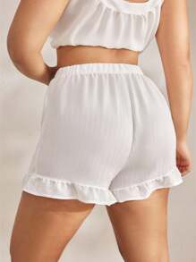 Ocili Soft Striped Crinkle Fabric Ruffle Trim Plus Size Shorts, Pajama Bottoms - White - View 6