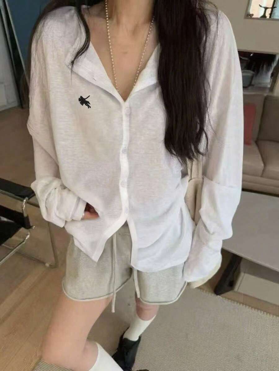 INAWLY Áo khoác dài tay thêu nút phía trước thời trang giản dị lãng mạn cho nữ - trắng - Xem 1