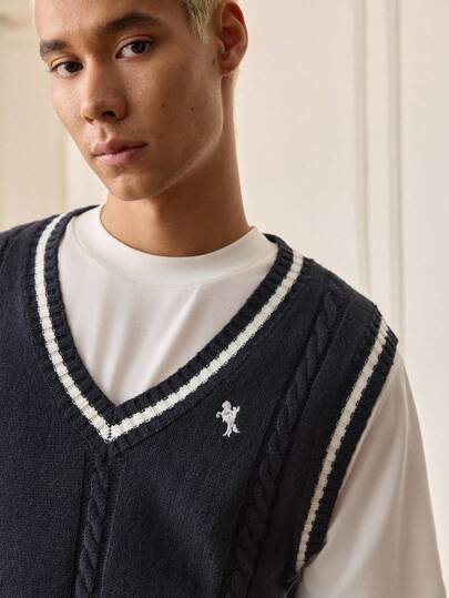 SWAVVY Men's Collegiate Style Embroidered Heart Knit Vest, For Fall Winter