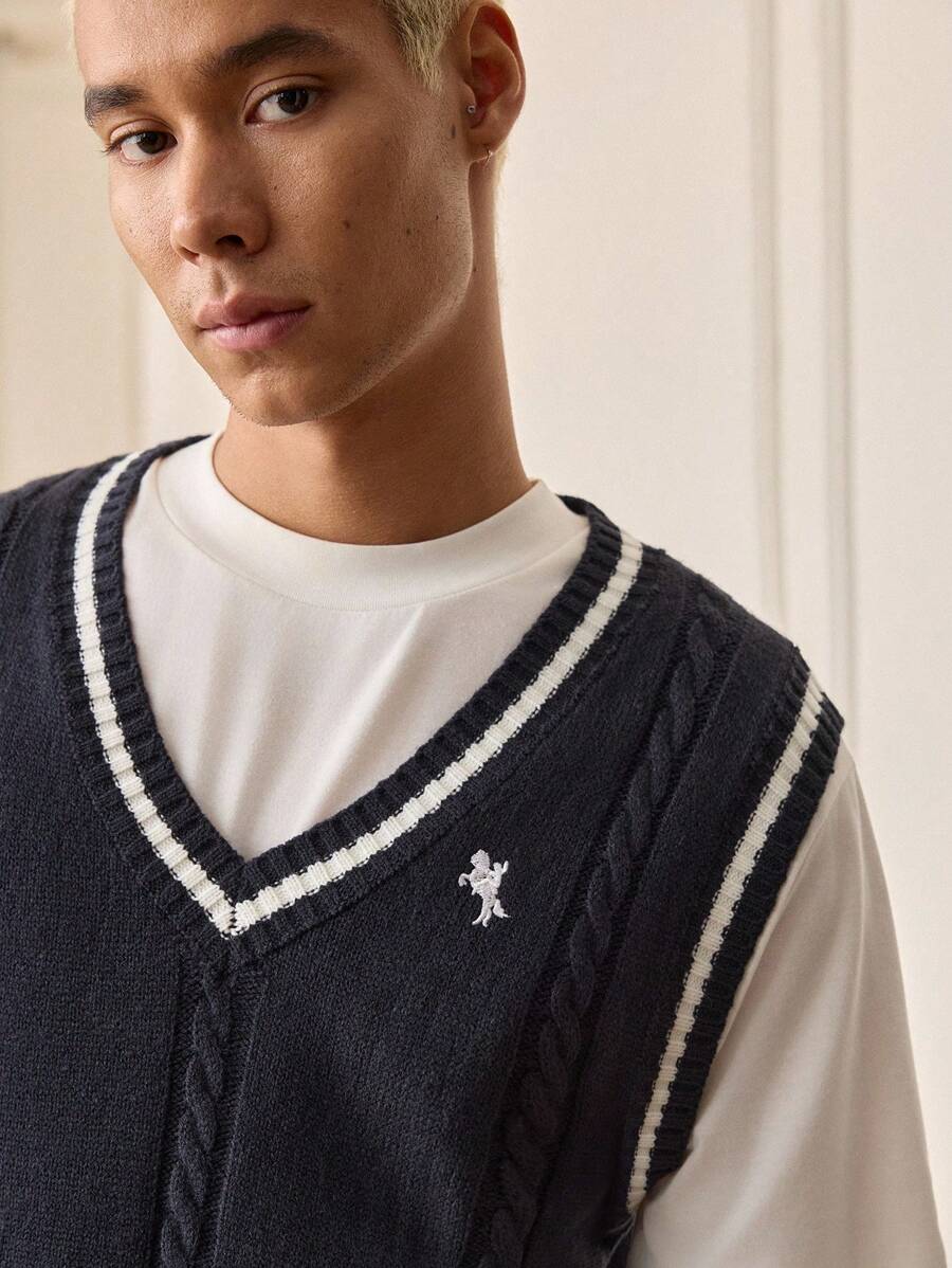 SWAVVY Men's Collegiate Style Embroidered Heart Knit Vest, For Fall Winter - Royal Blue - View 1