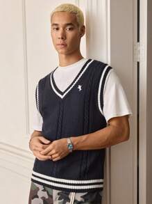 SWAVVY Men's Collegiate Style Embroidered Heart Knit Vest, For Fall Winter - Royal Blue - View 3