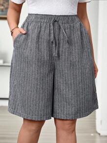 EMERY ROSE 大码条纹口袋侧扣装饰短裤 - 灰色 - 查看 6