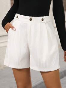 EMERY ROSE Women's Solid Color Pleated Pocket Wide Leg Loose Casual Shorts White Corduroy Shorts White Shorts For Women Women White Shorts Fall For Women Going Out Old Money Style Women Jorts Shorts For Women White Shorts