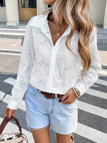 SHEIN LUNE Große Größen Urlaub Casual Einfarbig Hollow-Out Stickerei Shirt Herbst Damen Kleidung Schulkleidung Stockholm Stil Country Outfits Damen Vintage Kleidung Damen Lehrer Outfits für Frauen Alle Weiß - Weiss - Übersicht 6