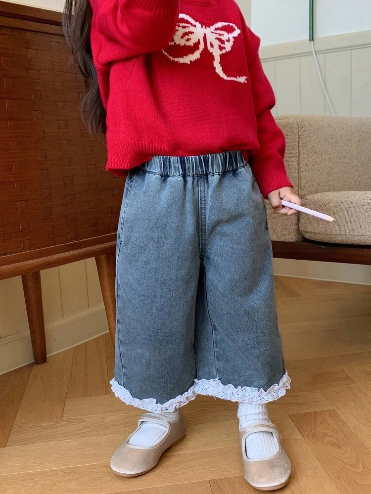 Baby Girl Lace Trim Loose Wide Leg Casual Denim Pants Toddler Girls Clothes