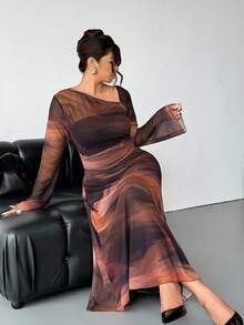 Firerie Plus Size Women's Black Valentine's Day Romantic Sheer Long Asymmetrical Shoulder Solid Color Mesh Maxi Dress, Slimming Long Sleeve Tie-Dye Mesh Flowing Asymmetrical Shoulder Dress, New Ladies Autumn,Fall Clothes For Women - Multicolor - View 3