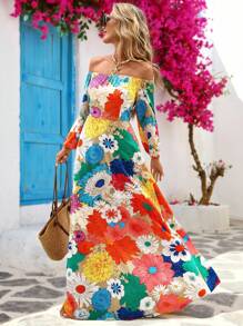 Vivid Eden Women's Resort Style Floral Print Off-Shoulder Long Sleeve Maxi Dress,Vacation Outfits,Rave Outfit,Brunch Outfits For Women,Fall Women Clothes , Airport Outfit Women,Boho Women Clothing