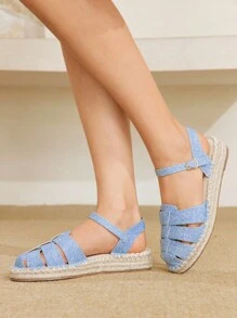 Styleloop 女士坡跟厚底编织凉鞋，波西米亚风格度假装，厚底鞋 - 寶藍色 - 查看 2