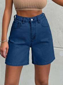 EURMUSE 100%Cotton LIGHT WASH HIGH WAIST SHORT - Dark Wash - View 6