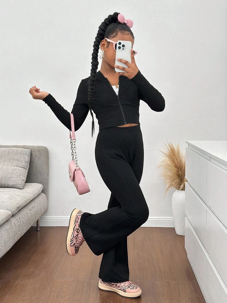 SHEIN Tween Girl Ribbed Texture Zip Up Cropped Hoodie And Retro Flared Leg Pants All-Match Casual Sport Set, Minimalist Essential Wardrobe, Spring & Autumn Fall Winter - Black - View 1