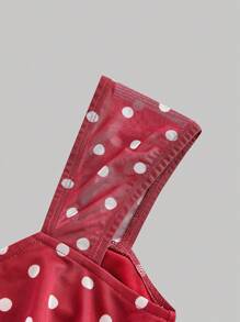 SHEIN MOD Polka Dot Print Bowknot Asymmetric Ruched Mesh Blouse, Red And White Top - Burgundy - View 4