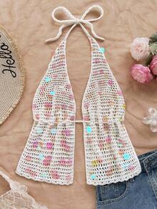 Soleia Sexy V-Neck Spaghetti Strap Backless Tie-Up Faux Scales Decor Women's Knit Camisole, Suitable For Holiday, Date, Afternoon Tea, Vacation, Music Festival, Bohemian, Seaside, Beach, Summer - Beige - View 5