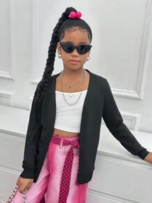 SHEIN Tween Girls Knitted Cardigan, Mid-Length, Casual, Fashionable, Versatile, Suitable For Daily Wear,In Fall/Winter - Black - View 5