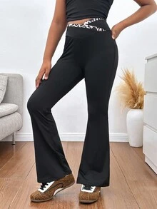 SHEIN Tween Girls Leopard Print Patchwork Knit Flare Pants, Black, Casual Everyday Versatile Bell Bottom Pants Leopard Print Pants Flare Pants Girls Flared Leggings Black Pants For Teen Girls Fall Winter