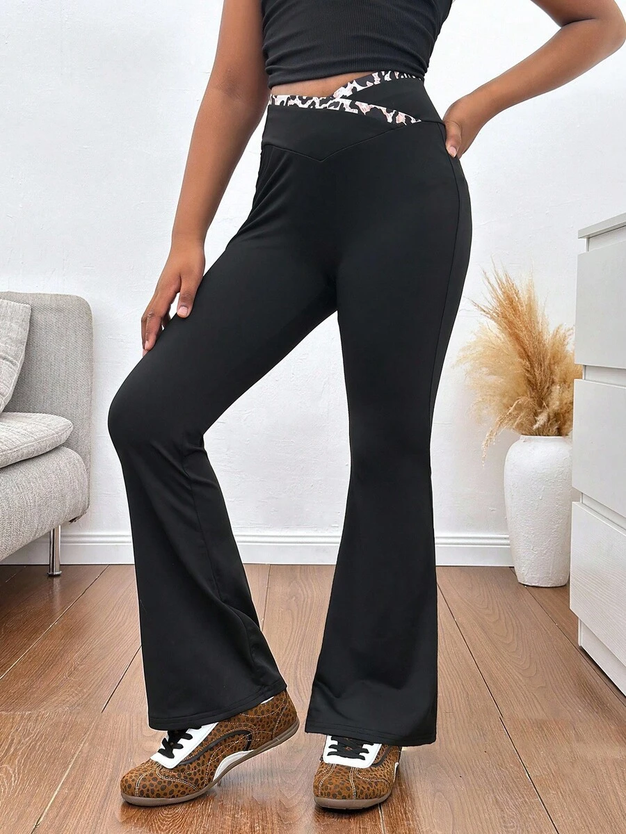 SHEIN Tween Girls Leopard Print Patchwork Knit Flare Pants, Black, Casual Everyday Versatile Bell Bottom Pants Leopard Print Pants Flare Pants Girls Flared Leggings Black Pants For Teen Girls Fall Winter