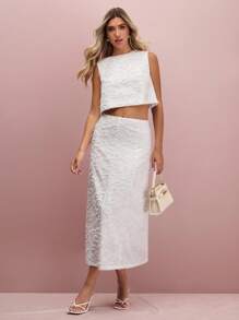 Enchnt Ensemble camisole et jupe texturée de couleur unie élégant pour l'été - Blanc - Voir 6