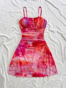 Soleia Women's Holiday Pink Tie Dye Romantic Spaghetti Strap A-Line Cute Mini Dress, Outfit Suitable For Party, Date, Valentine's Day, Easter, Carnival, Beach Cruise Vacation, Afternoon Tea, Spring/Summer Fashion Dress,Boho,Autumn And Winter,Back To School,Homecoming,Concert,Halloween,Christmas,Teacher,Night Out - Multicolor - View 6
