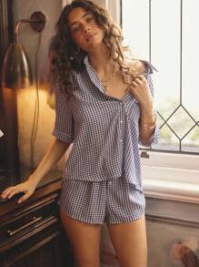 Aralina 睡衣可爱 Y2K 斯德哥尔摩风格夏季、冬季和秋季纹理心形面料细节格子方格肘袖衬衫 - 彩色 - 查看 5