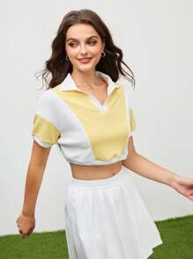 SHEIN Unity 女式休闲拼色短袖 Polo 衫，夏季 - 黃色 - 查看 4