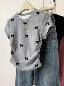 女士休闲褶饰短袖T恤，夏季百搭 - 灰色 - 查看 5