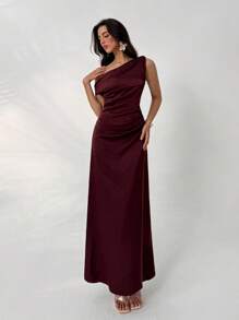 Aloruh 女士优雅鸡尾酒舞会婚礼宾客礼服音乐节音乐会节日通勤派对毕业礼服 Ankola 红色连衣裙勃艮第缎不对称领无袖长裙 - 紅木色 - 查看 6