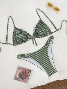 Swim Mod 2pcs Textured Fabric Ruffled Front Tie Bow Waist Pleated Cute Sweet Fashion Lively Party Bikini Set Set - Army Green - View 2
