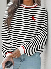 SHEIN LUNE Casual Striped Horse Print Pattern Round Neck Loose Fit Women Sweatshirt Autumn And Winter