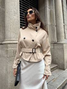 Firerie 女士简约通勤秋季街头宽松短领撞色双排扣腰带卡其色风衣，适合毕业季、返校季、秋季、复古风、办公室穿着。 - 卡其色 - 查看 10