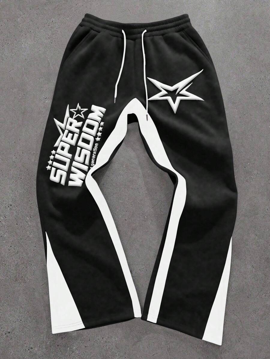 Manfinity Roghcode Manfinity Streetrush Y2K 男士休闲彩色块字母印花抽绳腰运动裤，男士星星印花运动裤，灰色男士运动裤，男友礼物，圣诞礼物 - 黑與白 - 查看 1