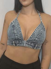 Lucia Bellido Tie Backless Crop Denim Top - Light Wash - View 5